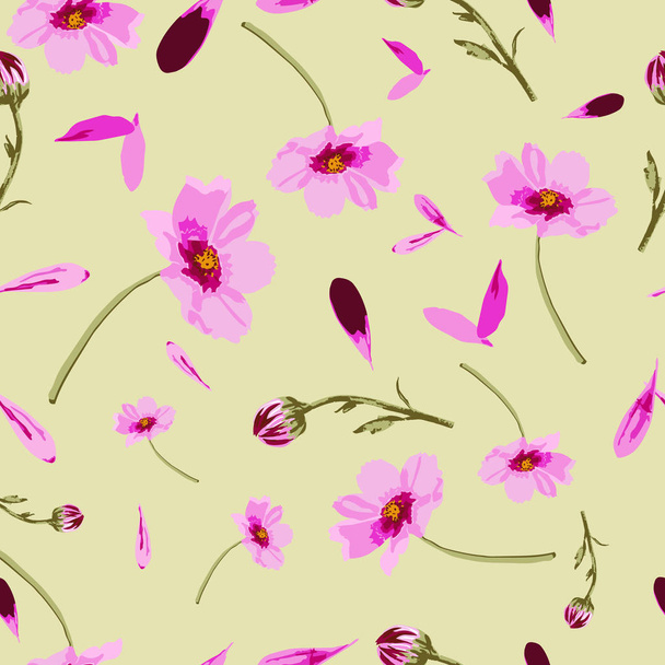 Kosmos-Blumen auf gelben Hintergrundblumen in voller Blüte, nahtlose Wiederholung des Musters. klassisch bunte Blumenmuster. Oberfläche Muster Muster Muster in rosa grün und gelb wiederholen. Perfekt für Stoff, Altpapier, - Vektor, Bild