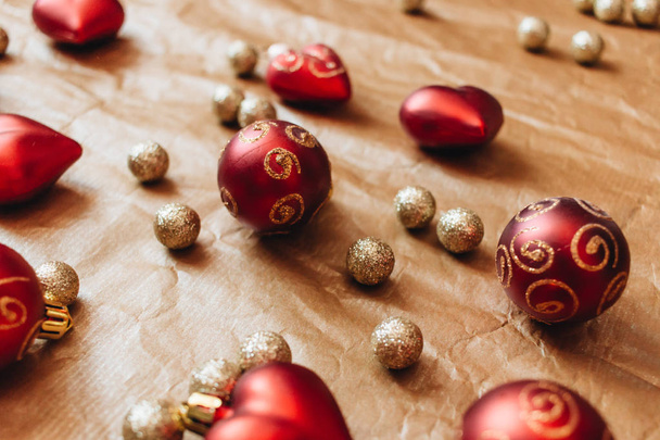 red and golden Christmas balls, festive background  - Foto, immagini