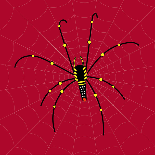Büyük örümcek örümcek ağı ile kırmızı bir arka plan üzerinde siyah ve sarı. - Vektör, Görsel
