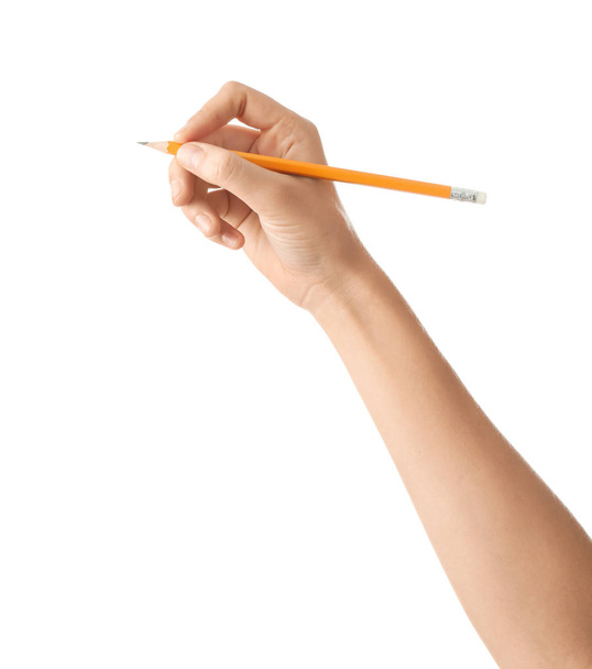 weibliche Hand mit Bleistift auf weißem Hintergrund - Foto, Bild
