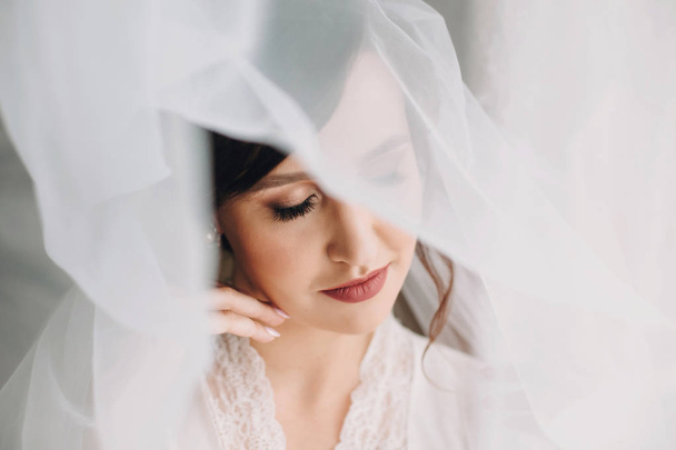 Beautiful stylish brunette bride posing in silk robe under veil in the morning. Sensual portrait of happy woman model with perfect makeup and hairstyle, getting ready for wedding day - Fotó, kép