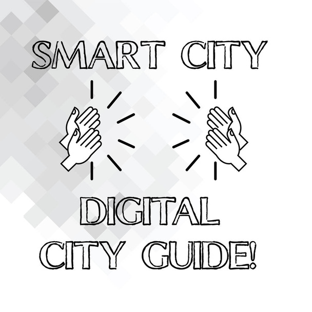 Написання тексту почерком Smart City Digital City Guide. Концептуальне значення Зв'язок технологічних сучасних міст Аналіз Ху Руки Звук на геометричних фігурах
. - Фото, зображення