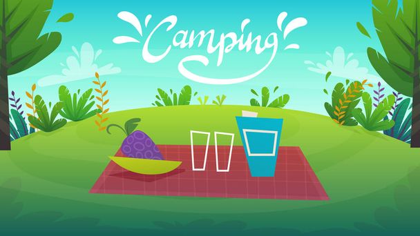 namiot w lesie odpoczynku Camping w czerwonym namiocie z jedzeniem pinicka. dziki turystyka weekend na zielonej trawie pola i drzew, roślin przyrodniczych. styl kreskówka piękny spokojny tło wektor wesoły - Wektor, obraz