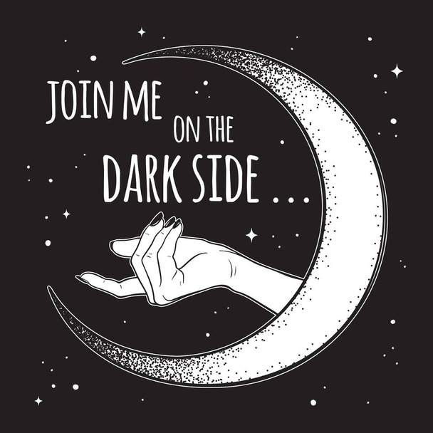 Female hand beckons to the dark side of the Moon isolated vector illustration. Black work, dot work, line art, flash tattoo, poster or print design. - Vector, Image