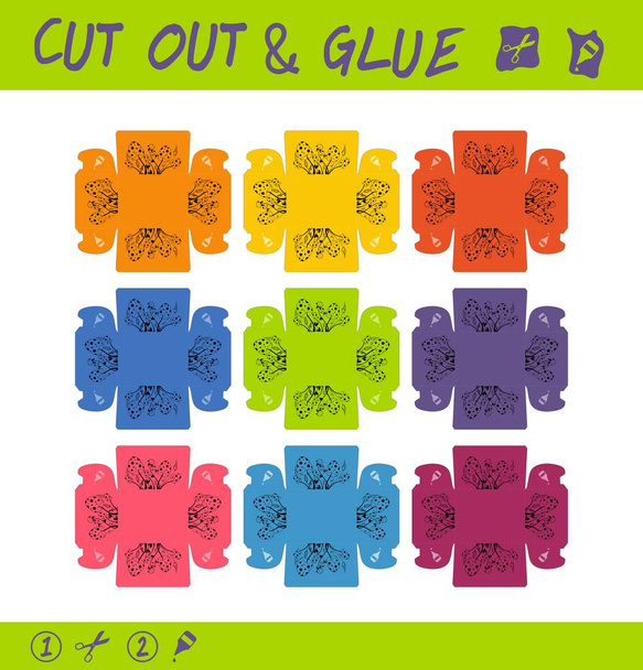 Ausschneiden und kleben pädagogische Papierspiel für Kinder. Mit Schere und Kleber farbige Schachteln für Kleinigkeiten, Kleinigkeiten, Schmuckstücke usw. erstellen - Vektor, Bild
