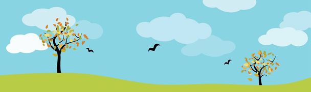 panorama del paisaje otoñal con prado verde, árboles, aves y cielo azul nublado
 - Vector, Imagen