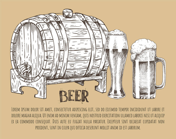 Cartel dibujado a mano de barril de cerveza y vidrio Vintage
 - Vector, Imagen