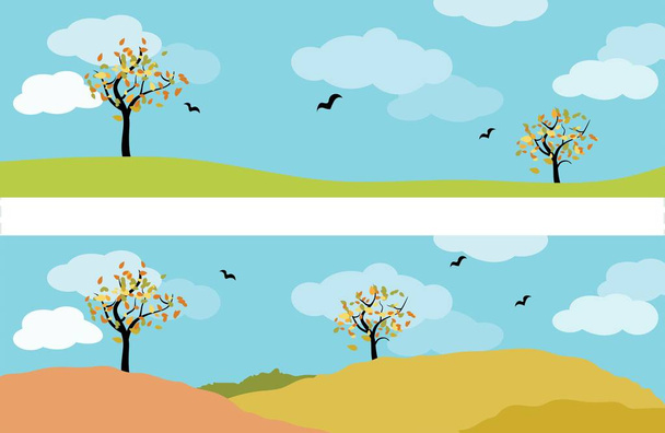σειρά από δύο φθινοπωρινό Πανόραμα τοπίου με φυλλοβόλο δέντρο, λιβάδια, πουλιά και συννεφιασμένο γαλάζιο ουρανό - Διάνυσμα, εικόνα