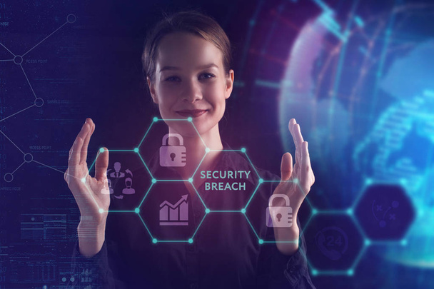 The concept of business, technology, the Internet and the network. A young entrepreneur working on a virtual screen of the future and sees the inscription: Security breach - 写真・画像