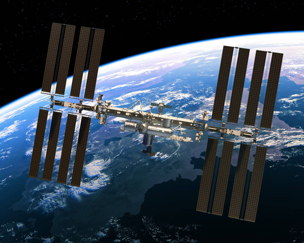 Let mezinárodní vesmírná stanice na pozadí země - Fotografie, Obrázek