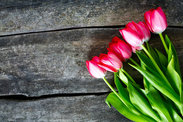 pink tulips on wooden surface - Фото, изображение