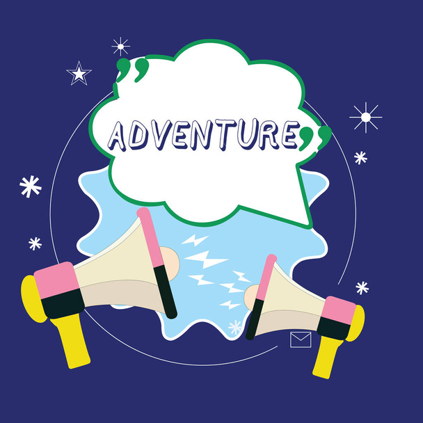 Conceptual hand writing showing Adventure. Business photo showcasing unusual and exciting daring experience made by one or team Blank Speech Bubble with Quotation Mark Megaphones shouting. - Photo, Image
