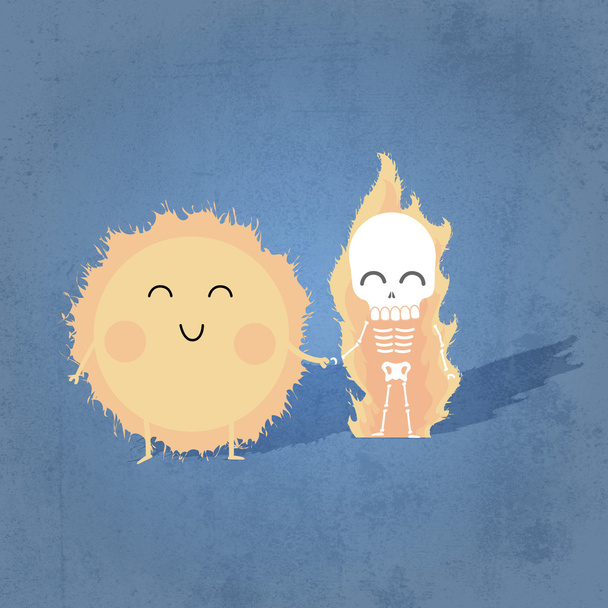Vector illustration of cute sun with human skeleton holding hands. - Vector, Image