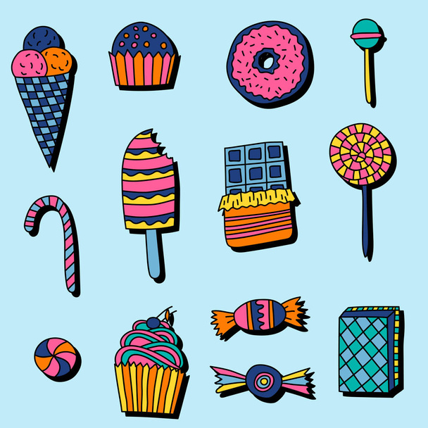 Conjunto de doces e doces em estilo doodle
 - Vetor, Imagem
