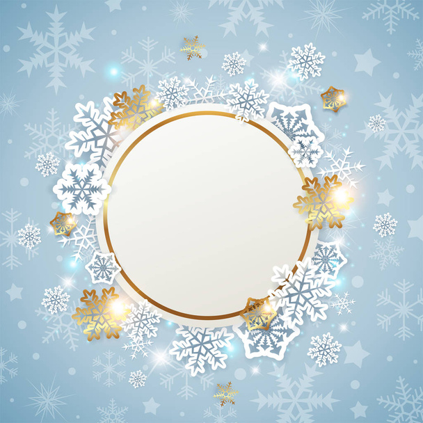 Christmas background with golden round frame  and white snowflakes. New year greeting card. Vector illustration - Vector, Image