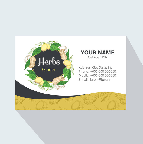 Corporate Business card with Ginger root and leaves. Tea Branding Element for design invitations, gift cards, flyers and brochures. Vector illustration. - ベクター画像