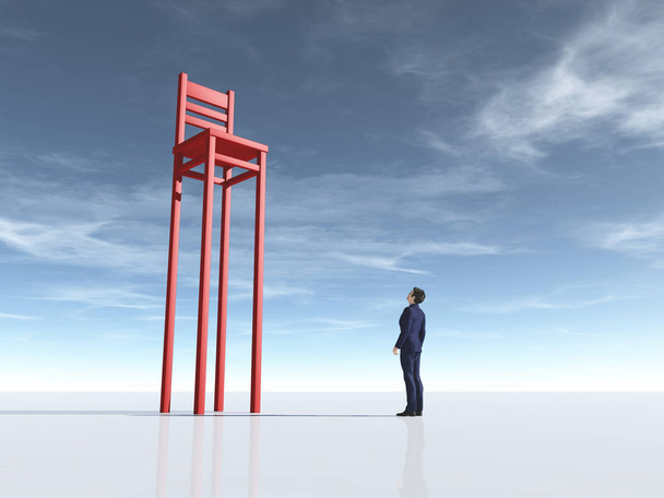 Businessman in front of a long leg chair. Aspiration concept. This is a 3d render illustration - Photo, Image