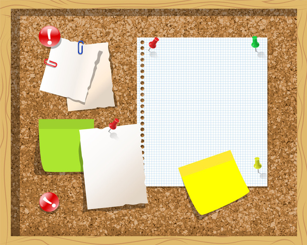 corkboard με χειρόγραφες σημειώσεις, τιμολόγιο αυτοκόλλητα. εικονογράφηση φορέας - Διάνυσμα, εικόνα