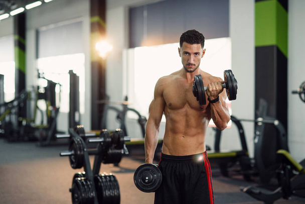 Attractive fitness man with naked torso working out with dumbbells during training biceps in the gym. Sporty and healthy concept. - Fotó, kép