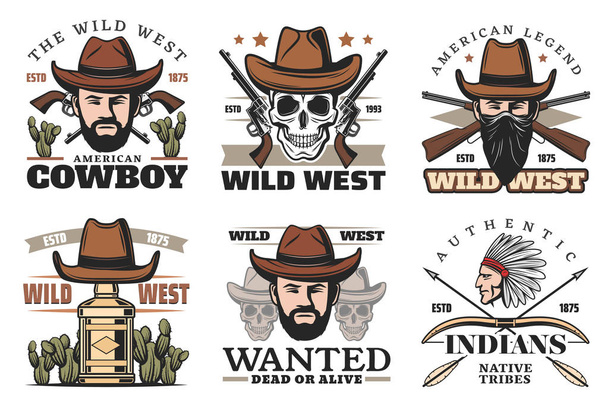 Western theme icons with cowboy in hat and weapon - Vector, Image