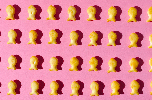 Cookies in form of fish on a pink background in bright light with hard shadows.Close up. - Photo, Image