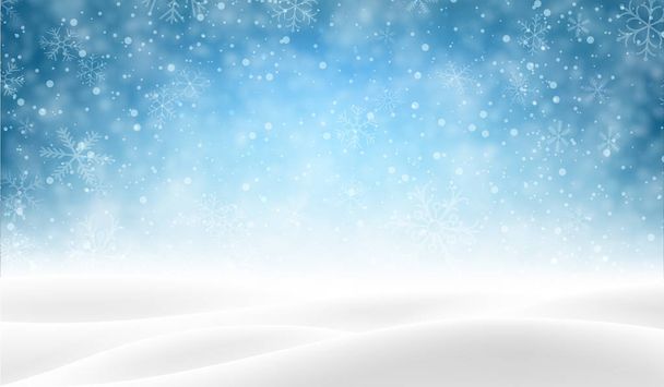 Синий блестящий размытый плакат с зимним пейзажем и снегом для сезонного, рождественского и новогоднего оформления, векторная иллюстрация
 - Вектор,изображение