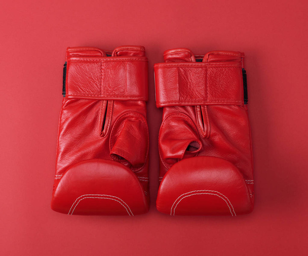 Yeni kırmızı spor deri boks eldiveni kırmızı bir arka planda üstten görünüm - Fotoğraf, Görsel
