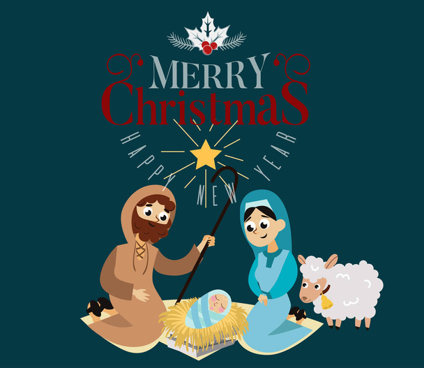 Bebek İsa Kutsal Aile sahnede Bethlehem doğumlu - Vektör, Görsel