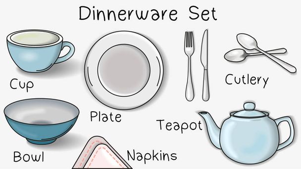 Illustration vectorielle avec des articles de vaisselle : tasse, assiette, bol, théière, cuillère, fourchette, serviette
 - Vecteur, image