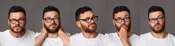 Collage de hombre joven en gafas expresiones faciales
 - Foto, Imagen