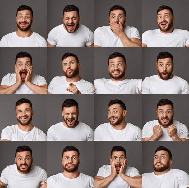 Collage of young man expressing different positive and negative emotions - Photo, Image
