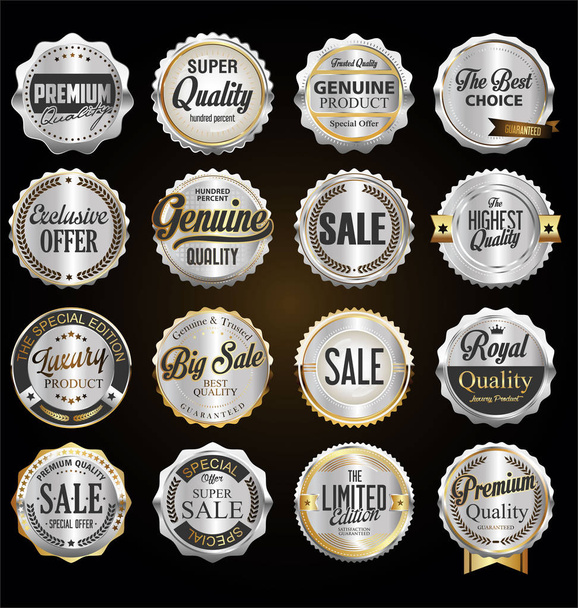 Collection of vintage retro premium quality silver badges and labels - Vector, Image