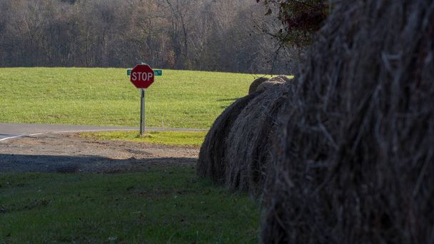 Stop panneau sur la route de campagne avec des rangées de foin sur le côté de la route
 - Photo, image