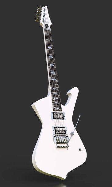 weiße, stilvolle E-Gitarre auf schwarzem Hintergrund. 3D-Darstellung. - Foto, Bild