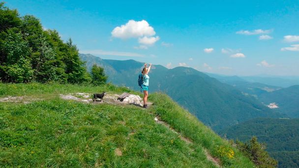 Εναέρια: Χαρούμενη νεαρή γυναίκα πεζοπορίες στην κορυφή του καταπράσινου βουνού με το μαύρο σκύλο και νικηφόρα να σηκώνει τα χέρια στον αέρα. Ευτυχισμένος trekker φτάνει στην κορυφή του ένα χορταριασμένο λόφο στη Σλοβενική Άλπεις. - Φωτογραφία, εικόνα