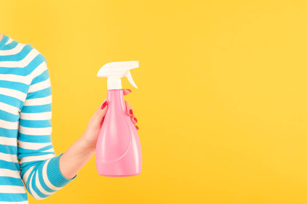 mulher segurar rosa spray garrafa casa amarela limpeza
 - Foto, Imagem