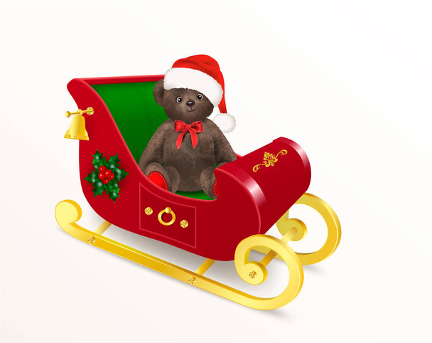 Teddybär-Spielzeug im Weihnachtsmann-Schlitten. niedlichen Teddybär, trägt einen roten flauschigen Hut und eine Schleife oder Schleife. realistische Ikone oder Objekt für Weihnachtsdesign. Vektorillustration. - Vektor, Bild