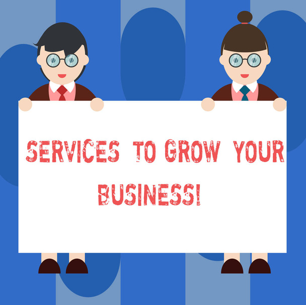 Handwriting text Services To Grow Your Business. Concept meaning Great high quality assistance for companies Male and Female in Uniform Standing Holding Blank Placard Banner Text Space. - Photo, Image