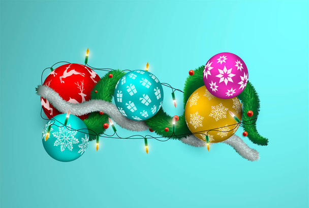 Καλά Χριστούγεννα και Ευτυχισμένο το νέο έτος ρεαλιστική 3d απεικόνιση, πολύχρωμο στολίδι Χριστούγεννα στολίδια με φώτα και πεύκο δέντρο γιρλάντα. Πολύχρωμα διακοπών μπάλες υπόβαθρο για πρόσκληση ή εποχές χαιρετισμό.  - Διάνυσμα, εικόνα