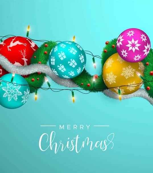 Χαρούμενα Χριστούγεννα κάρτα ρεαλιστική 3d απεικόνιση πολύχρωμο Χριστούγεννα μπιχλιμπίδι στολίδια με φώτα και πεύκο δέντρο γιρλάντα. Πολύχρωμα διακοπών μπάλες υπόβαθρο για πρόσκληση ή εποχές χαιρετισμό.  - Διάνυσμα, εικόνα