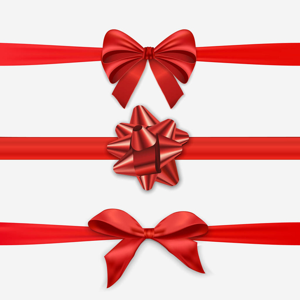 Red Christmas ribbon bow collection, realistic holiday gift box fabric wrapping on isolated background. - Vector, Image