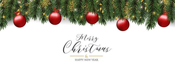 Χαρούμενα Χριστούγεννα και Ευτυχισμένο το νέο έτος πολυτελή web banner, ρεαλιστική κόκκινο στολίδι στολίδια στο πεύκο δέντρο γιρλάντα. Απομονωμένη εικονογράφηση. - Διάνυσμα, εικόνα