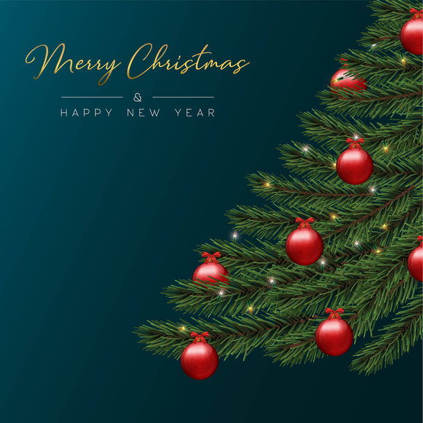 Feliz Natal e Feliz Ano Novo cartão de felicitações de luxo, ornamentos realistas de bugigangas vermelhas penduradas em pinheiros
. - Vetor, Imagem