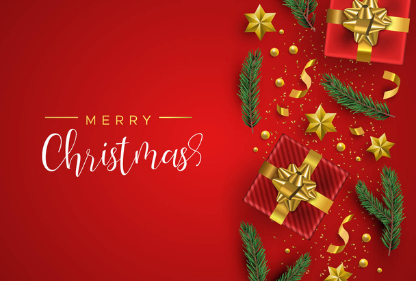 Merry Christmas season greeting card. Gold realistic gift box elements, stars, confetti and pine tree leaf on red background. Luxury holiday layout illustration. - Vektori, kuva
