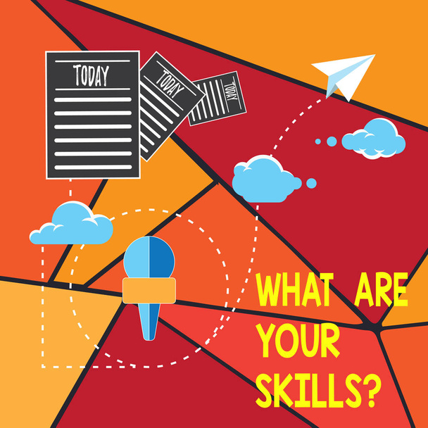 Uwaga piśmie pokazuje jakie są Twoje Skillsquestion. Biznesowe zdjęcie prezentujący powiedz nam swoją wiedzę umiejętności doświadczenie informacji, przekazując za pośrednictwem Cloud Hosting szybkie dostarczanie danych. - Zdjęcie, obraz