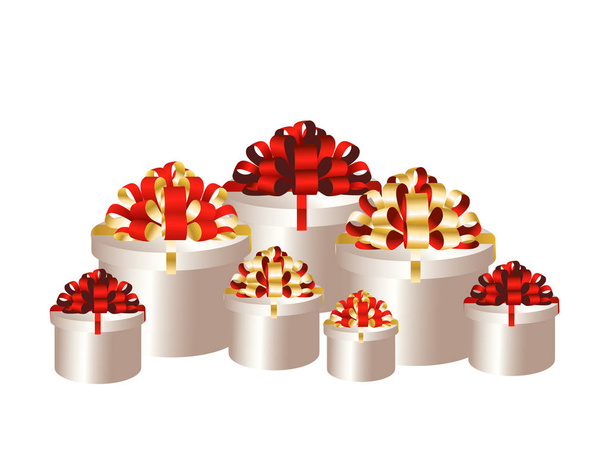 круглые подарочные коробки с бантами на белой векторной иллюстрации
 - Вектор,изображение