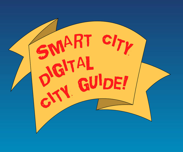 Χειρόγραφο κείμενο γράφοντας Smart City Digital City Guide. Έννοια σημαίνει συνδεδεμένη τεχνολογικά σύγχρονες πόλεις 3d φωτογραφία κορδέλα Γάζας στερεό χρώμα κενό φύλλο διπλωμένο για γιορτή. - Φωτογραφία, εικόνα