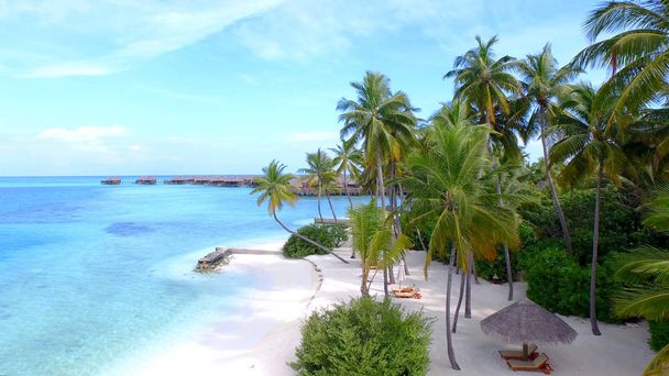 AÉRIAL : Survoler la plage de sable blanc près des bungalows en bois dans les Maldives spectaculaires. Vue spectaculaire d'un rivage de sable blanc vide et de villas de luxe au-dessus de l'océan turquoise
. - Photo, image