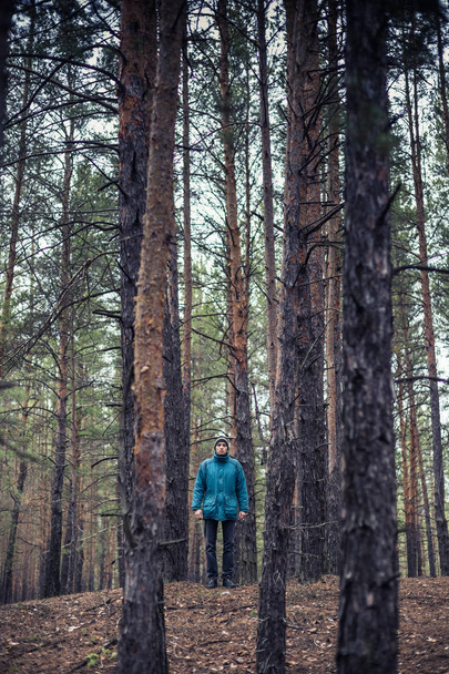 Самотній хлопець в сосновому лісі в осінній час
. - Фото, зображення