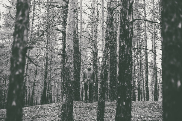 Самотній хлопець у сосновому лісі восени. Монохромне фото
. - Фото, зображення